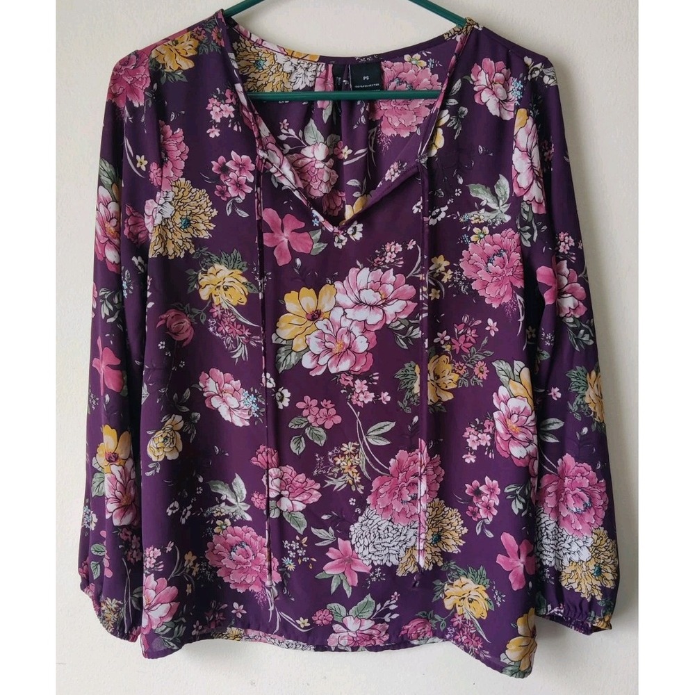 New Directions Petite Purple Pink Floral Long Sleeve Blouse Size SP V-Neck